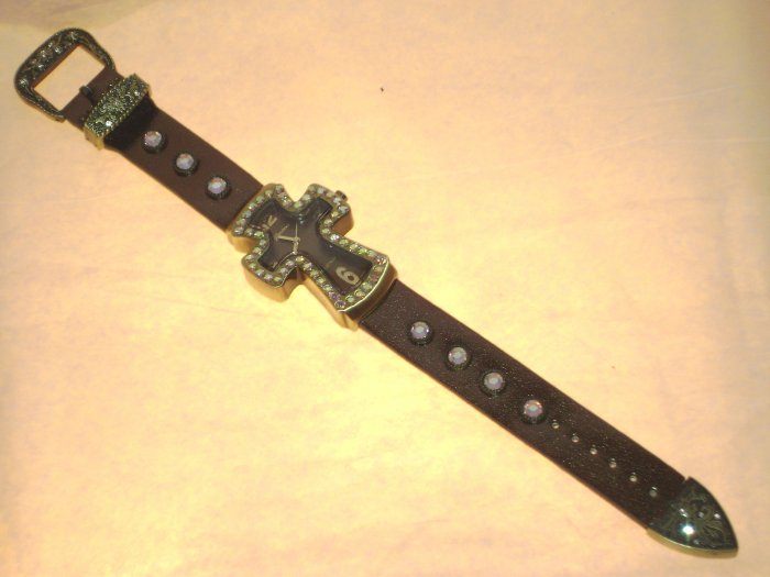 Rhinestone Cross Watch Bronze