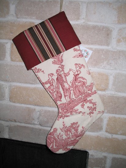 Maroon and Cream Toile Christmas Stocking- One-of-A-Kind **JUST REDUCED HALF PRICE**