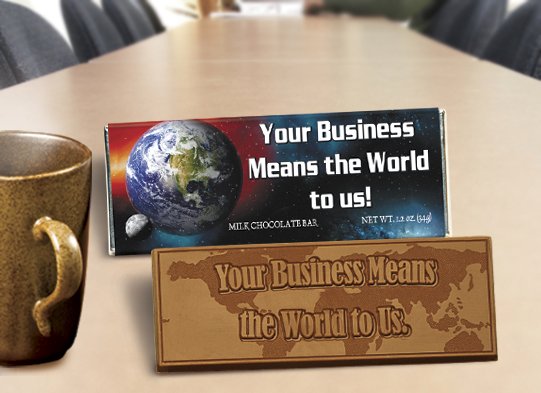 50 Your Business Means the World to Us Engraved Chocolate Bars for Clients or Tradeshow Give-a-ways