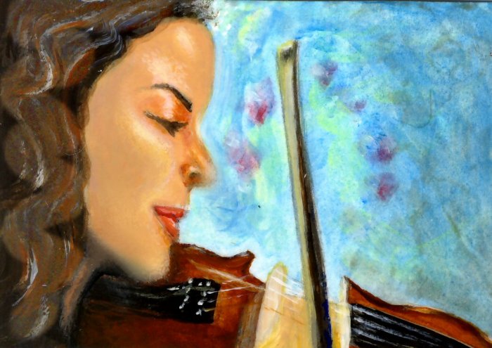 She Loves Musik / A Girl with Violin ACEO Original Acrylic Painting by R.J.