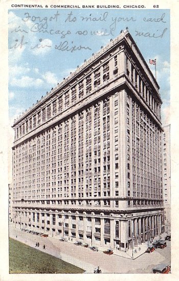 Continental and Commercial Bank Building in Chicago Illinois IL, 1923 Vintage Postcard - 3587