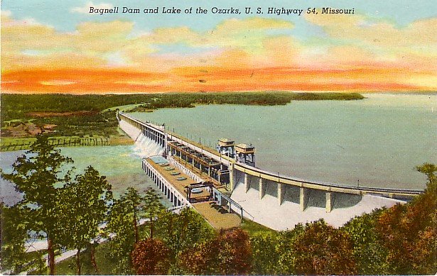 Bagnell Dam and Lake of the Ozarks, U.S. Highway 54 Missouri MO 1952 Postcard - 3662