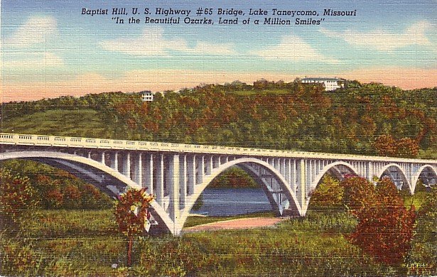 Baptist Hill and Bridge over Lake Taneycomo, Branson Missouri MO Linen Postcard - 3681