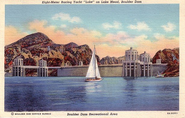 Racing Yacht Loke on Lake Mead near Boulder City, Nevada NV 1938 Curt Teich Linen Postcard - 3761