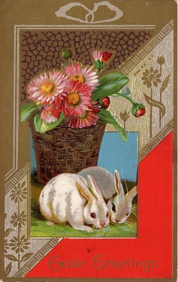 Easter Greetings with Rabbits, Winsch Back 1911 Vintage Postcard - 3855
