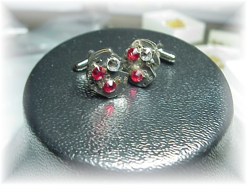 Steampunk watch movement cufflinks Swavorski Royal Red