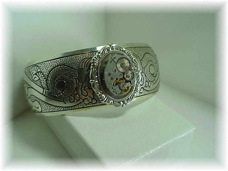 Steampunk silver watch adjustable cuff bracelet