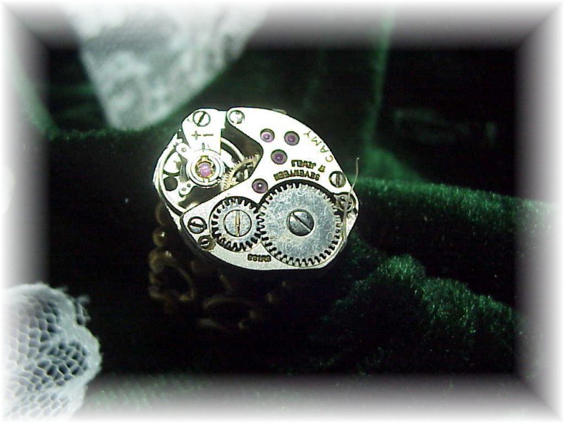 Steampunk silver watch adjustable bronze ring gift box