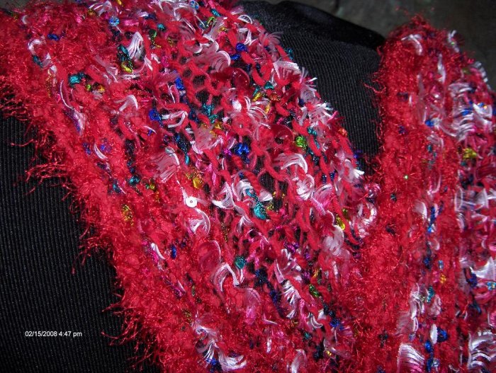 Hand Knit Red Warm Winter Scarf with Fringe Sequins Handknit