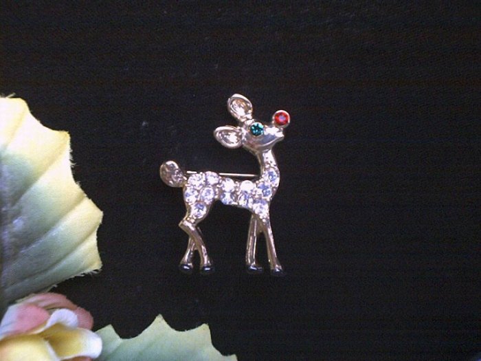Rudolph The Red Nose Rhinestone Reindeer Brooch