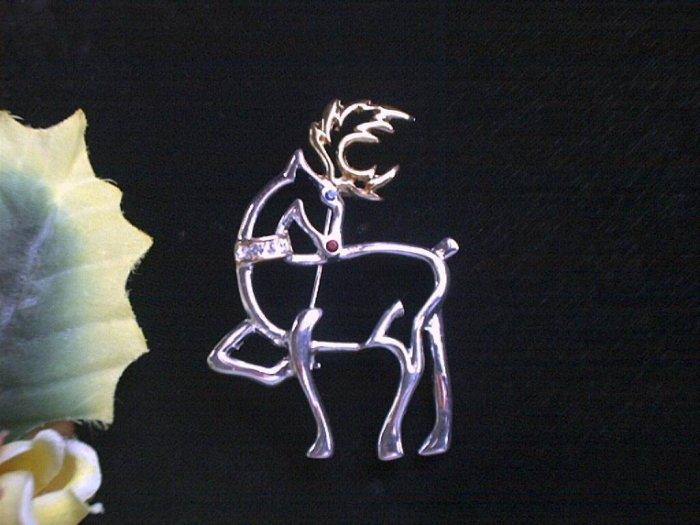 Elegant 2 Tone & Rhinestone Christmas Reindeer Brooch