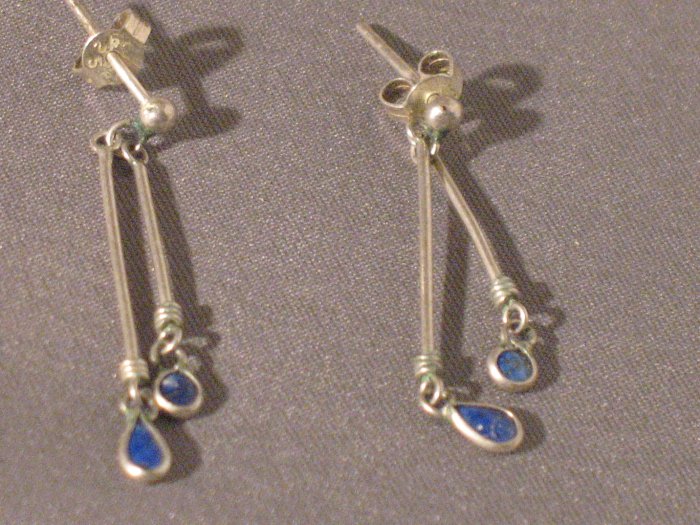 BLUE LASPIS DANGLY STERLING SILVER EARRINGS SO PRETTY VERY DAINTY MARKED