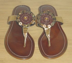 MILA PAOLI JEWELED SANDALS Thong Shoes 8 (38) GOLD LEATHER
