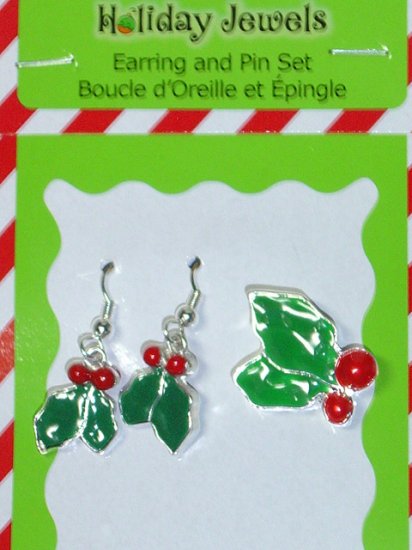 Christmas pin brooch and earrings matching set~Holly~2 sided earrings