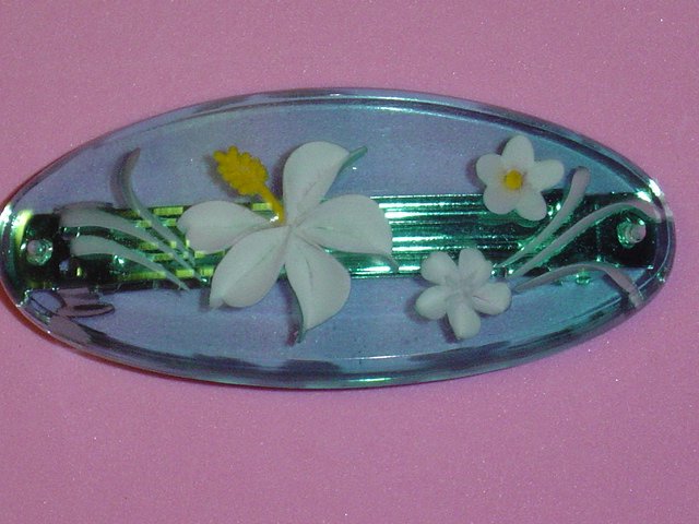 TRI COSTAL DESIGNS acrylic flower hair jewelry barrette-aqua with "embedded" flowers in white