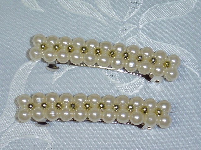PAIR~FAUX PEARLS and GOLD TONE BEADS BARRETTE HAIR JEWELRY