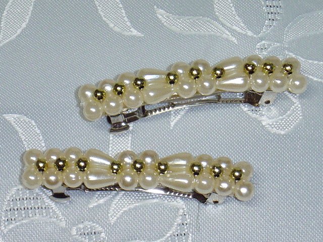 French Clip Faux Pearl and Gold tone bead Barrette Pair Hair Jewelry