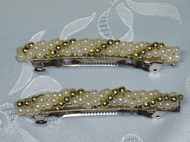 PAIR~FAUX PEARLS 3 1/8" LONG BARRETTE HAIR JEWELRY~WEDDING~ANNIVERSARY