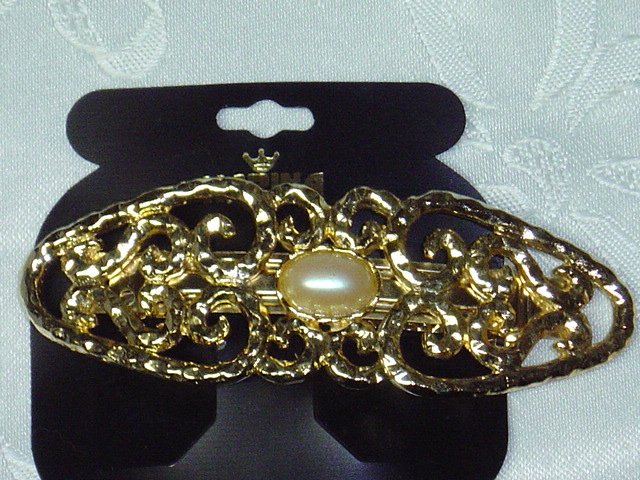 KARINA~HEAVYWEIGHT GOLD TONE ALL METAL FAUX PEARL HAIR JEWELRY BARRETTE ~DESIGNER