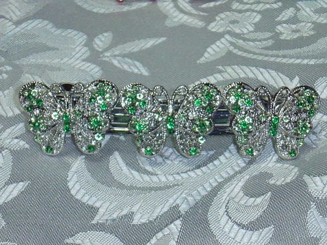 BEAUTIFUL BUTTERFLIES GREEN RHINESTONE FILIGREE BARRETTE
