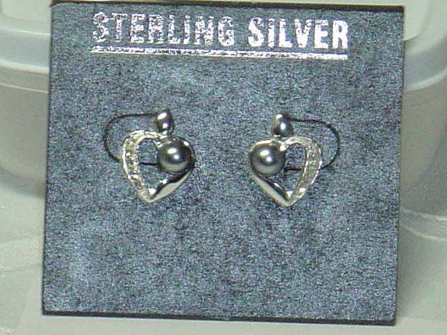 .925 Sterling silver post earrings Heart shaped with genuine black pearls
