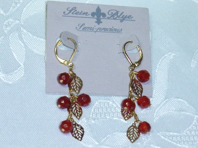 RED CARNELIAN SEMI PRECIOUS~STEIN BLYE DESIGNER CHANDELIER EARRINGS GOLD PLATED
