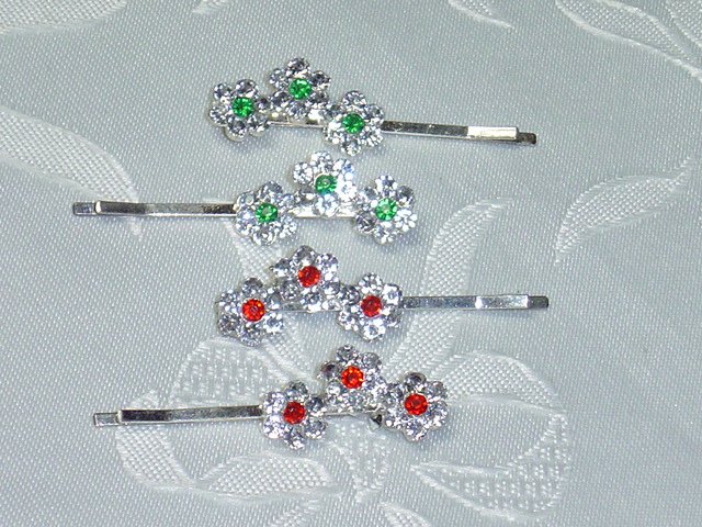 RED AND GREEN (& CLEAR) RHINESTONE HAIR JEWELRY PINS (BOBBI) BOBBY PINS~SET OF FOUR