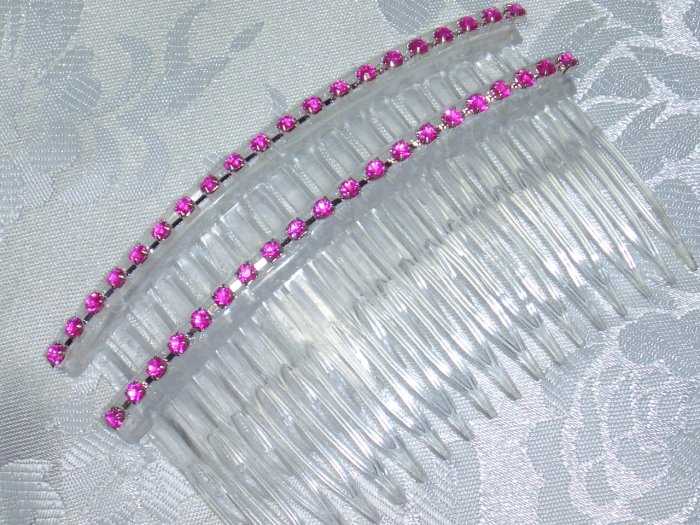 Pink Rhinestone hair comb pair extra long 4 1/8 INCHES hand made