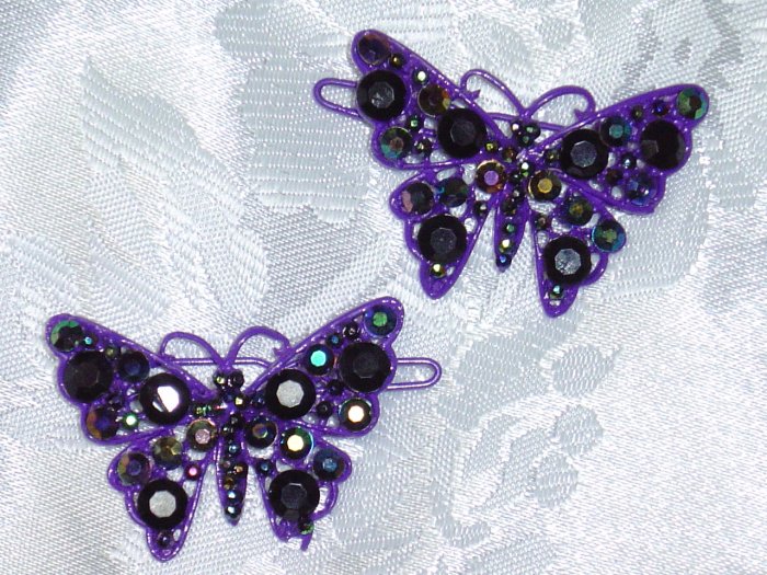 REVERSE IMAGE CLIP STYLE BARRETTE~PURPLE RHINESTONE BUTTERFLIES BARRETTES PAIR