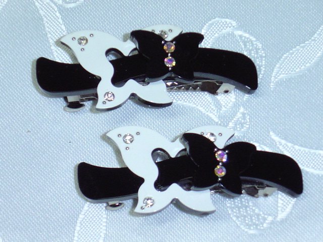 BLACK AND WHITE BARRETTE PAIR~SWAROVSKI CRYSTALS HAIR JEWELRY BARRETTES PAIR