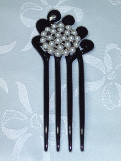 White faux pearls on a black hair fork pin facsinator comb
