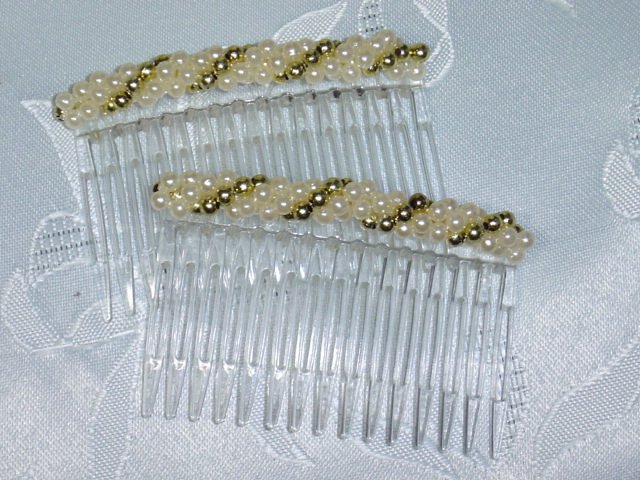 Ivory Faux Pearl and gold tone beads twised rope design hair comb pair