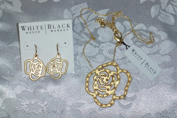 WHITE HOUSE BLACK MARKET STORE SWAROVSKI CRYSTAL GOLD TONE METAL ROSE NECKLACE AND MATCHING EARRINGS