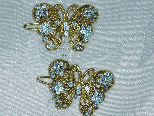 PAIR of sky BLUE RHINESTONE BUTTERFLY CLIP HAIR BARRETTES