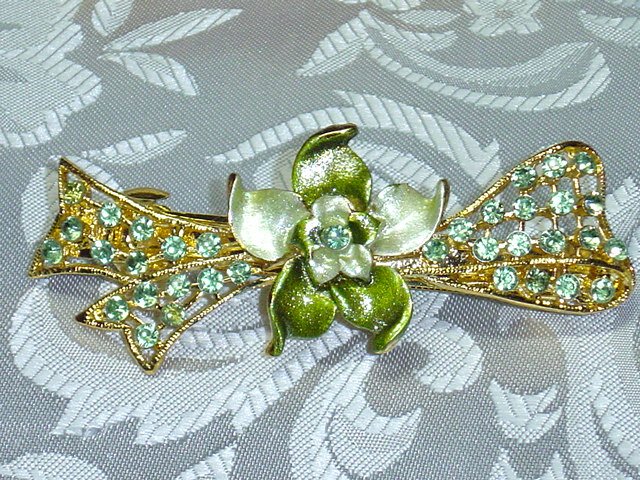GREEN RHINESTONE HAND PAINTED FLORAL BOW BARRETTE HAIR JEWELRY