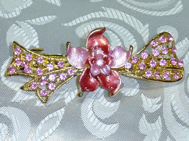 PINK RHINESTONE HAND PAINTED FLORAL BOW BARRETTE HAIR JEWELRY