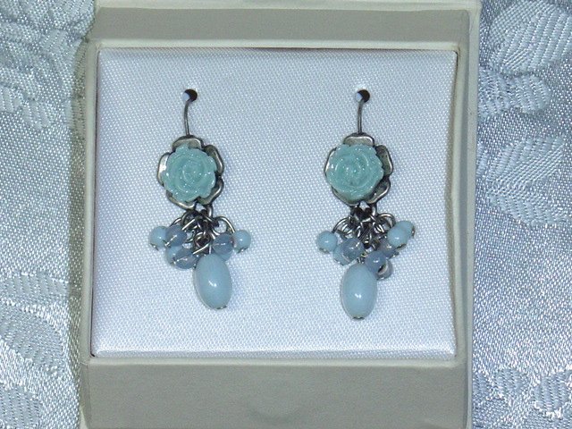 AUTHENTIC LAURA ASHLEY ROSE EARRINGS, LIGHT BLUE AND TEAL COLORS, PIERCED EARRINGS~GIFT BOXED NEW