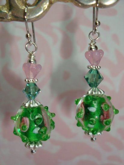 GREEN BUMPY BORO LAMPWORK ROSE SWAROVSKI CRYSTAL BALI PLATINUM PLATED EARRINGS