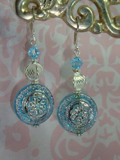 SS PLATED VINTAGE blue LUCITE BEAD BALI SWAROVSKI EARRINGS