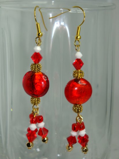 ARTISAN LAMPWORK RED FOIL LENTIL, SWAROVSKI CRYSTAL BEADS AND 22 K GP EARRINGS