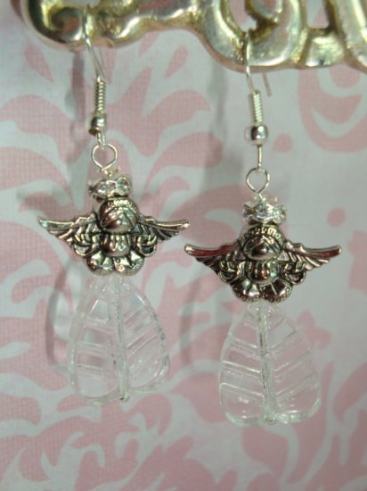 STERLING SILVER 925 & SS PLATED CZECH & SWAROVSKI CRYSTAL ANGEL ARTISAN EARRINGS