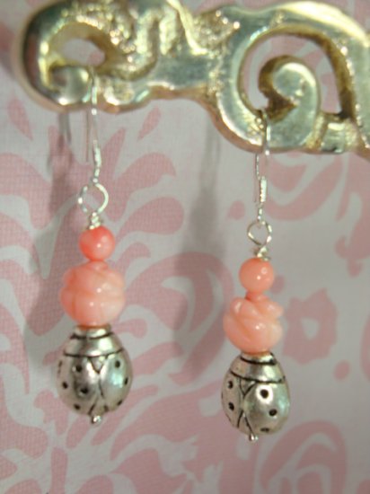 STERLING SILVER 925 CARVED ROSES CORAL BEADS AND LADYBUG BALI ARTISAN EARRINGS