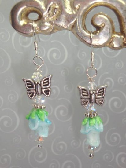 SS BLUE ROSES LAMPWORK BALI SWAROVSKI elements EARRINGS