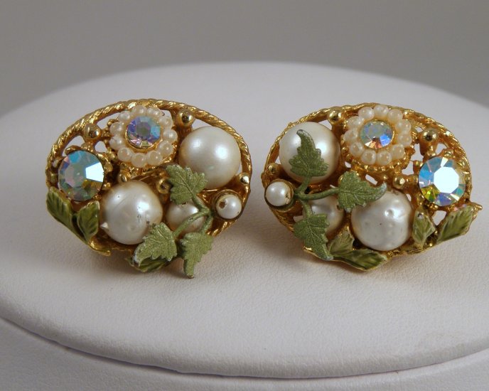 VINTAGE EARRINGS Fruit Salad AB Rhinestone White Bead Green Floral