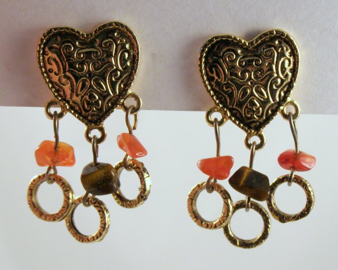 VINTAGE EARRINGS Tiger Eye Stone Nugget Heart Loop Dangle Clips
