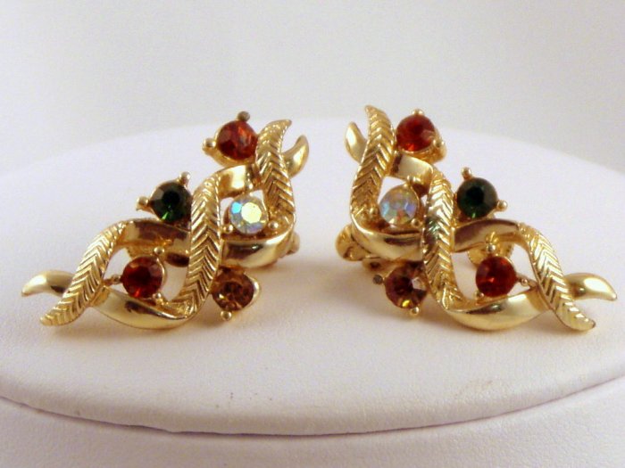 VINTAGE EARRINGS Coro Orange Green Amber Rhinestone AB
