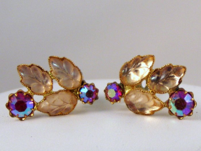 VINTAGE EARRINGS Fruit Salad Pink Peach AB Rhinestone Leaves