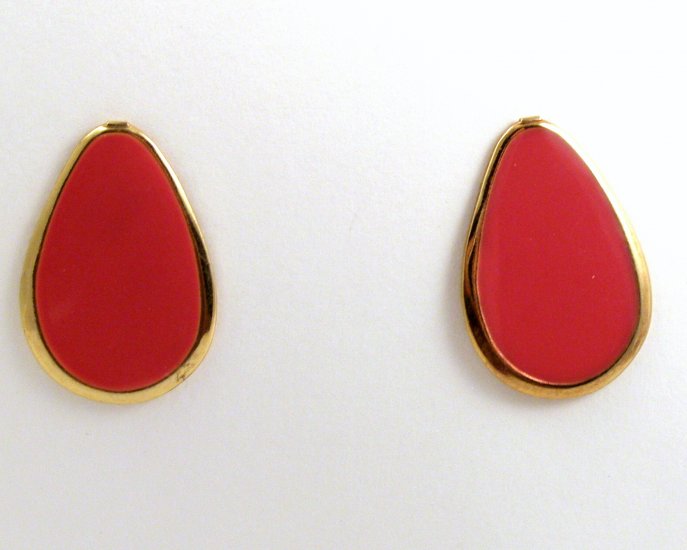 VINTAGE PIERCED EARRINGS Coral Pink Red Pear Enamel