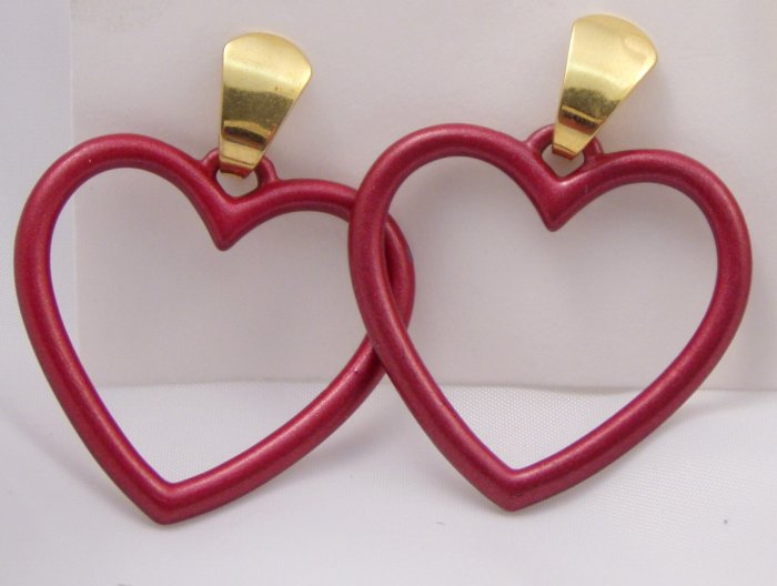 VINTAGE EARRINGS Burgundy Red Open Hearts Pierced