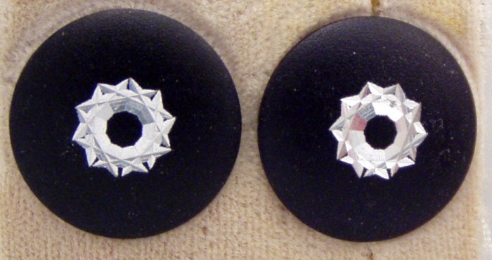 VINTAGE EARRINGS Black Shiny Carved Aluminum Atomic Disk Pierced